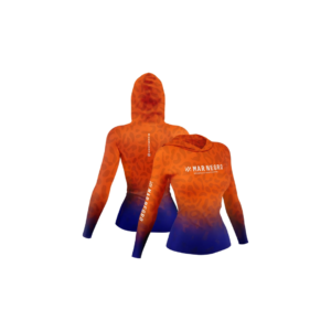 Camiseta Mar Negro Feminina X-Protection Sublimada Com Capuz - Onça Laranja  (+50UV)- Tamanho GG